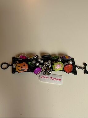 Betsey Johnson Black Bracelet with Pumpkin Charm and Multicolor Gems